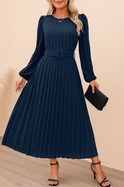 Navy-blue belted pleated long-sleeve midi dress with crew neckline and full-length pleat skirt — centered front view