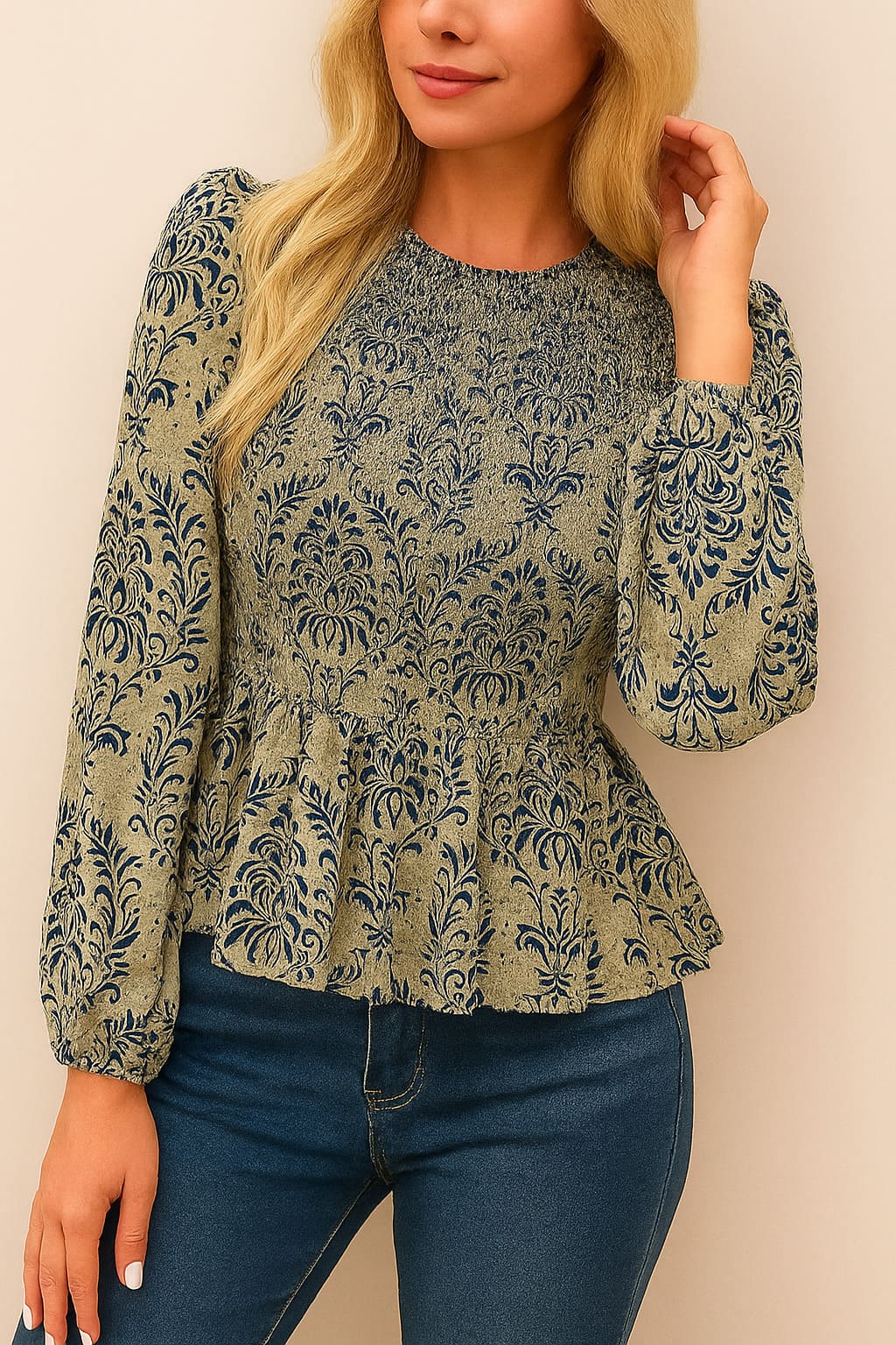 Centered front view of the navy damask jacquard long-sleeve peplum blouse highlighting the smocked waist and textured pattern