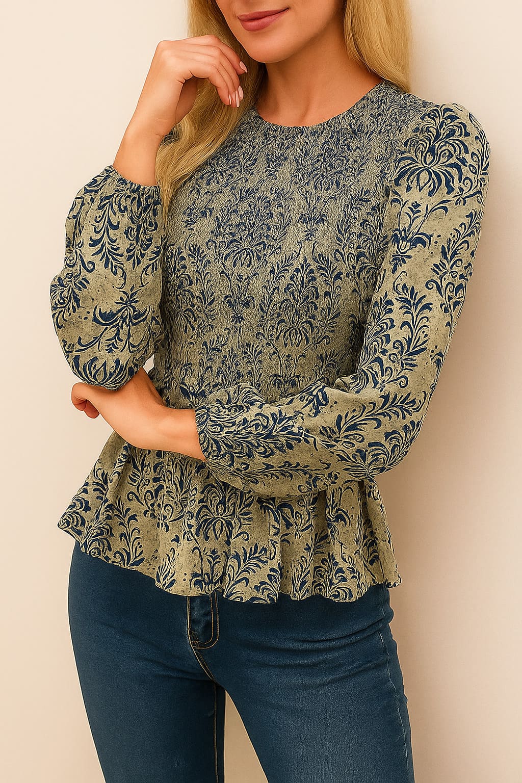 Front view of the navy damask smocked peplum blouse showing the round neck, smocked bodice and gathered hem ruffle; long sleeves with elastic cuffs