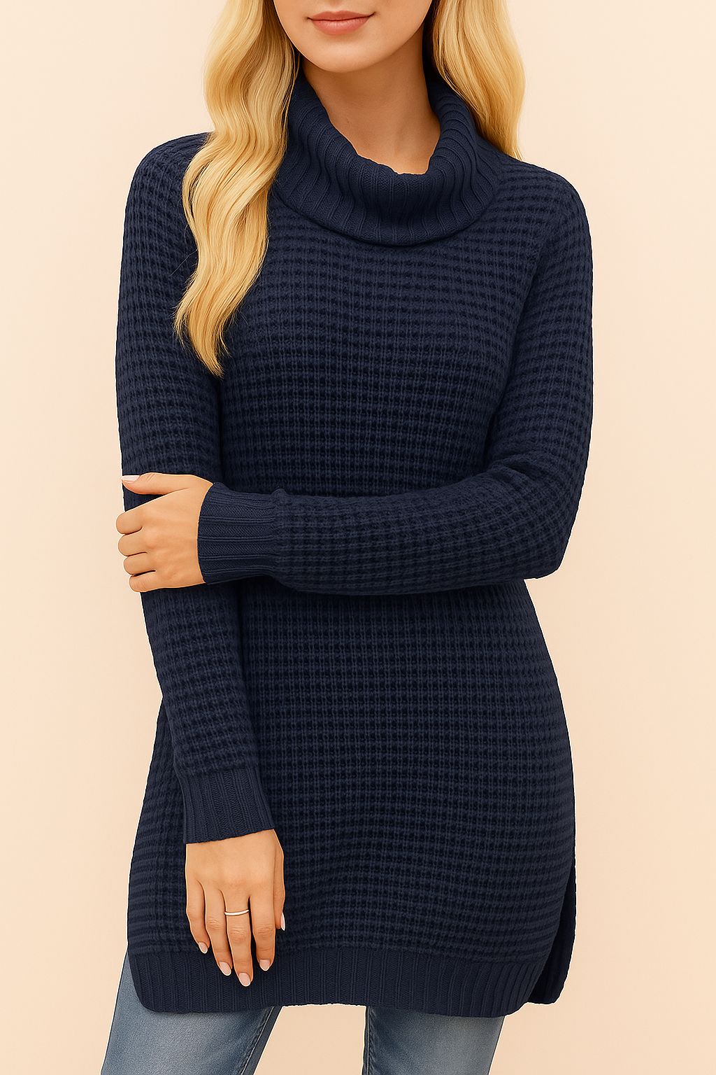 Front detail view of the navy turtleneck waffle-knit sweater showing the soft roll neck, textured waffle pattern and ribbed cuffs