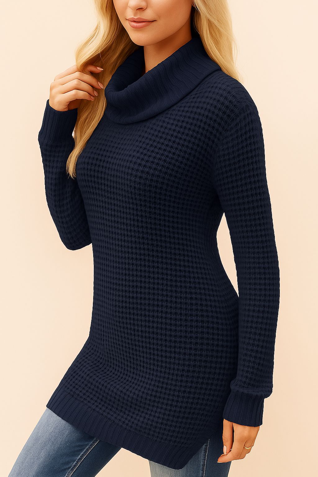 Left three-quarter view of a navy turtleneck waffle-knit tunic sweater with long sleeves, ribbed cuffs and a clean drop-tail hem