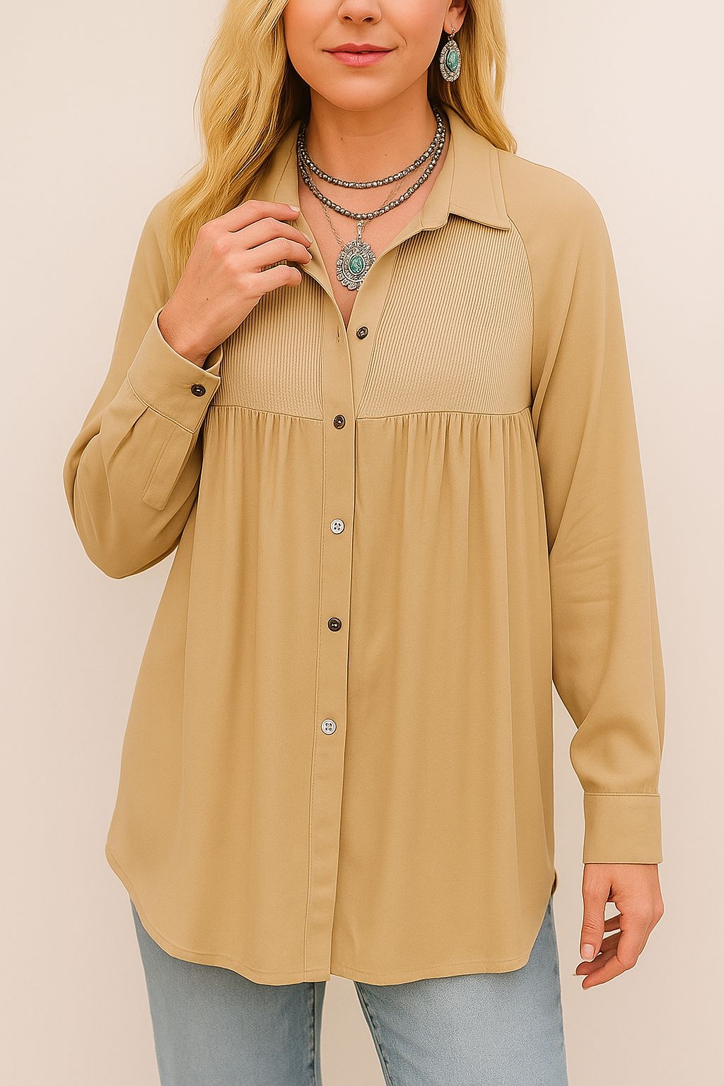 Waffle Patchwork Button-Up Oversized Shirt
