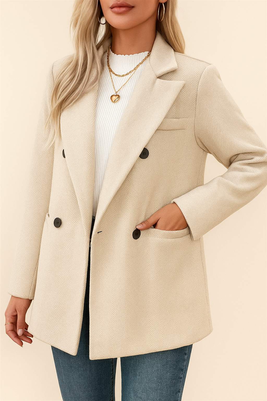 Front detail view of the oatmeal beige herringbone double-breasted coat showing the notched lapel, button arrangement and chest welt pocket.