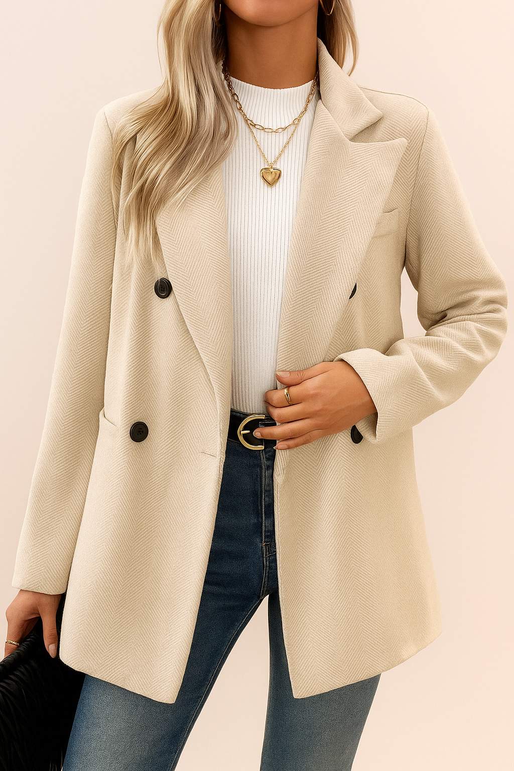Front view of the oatmeal beige herringbone double-breasted coat with notched lapel, open front stance, long sleeves and welt pockets.