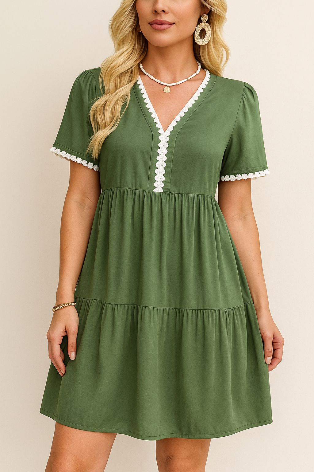 Olive green lace-trim mini dress with tiered mini skirt and relaxed drape — front view