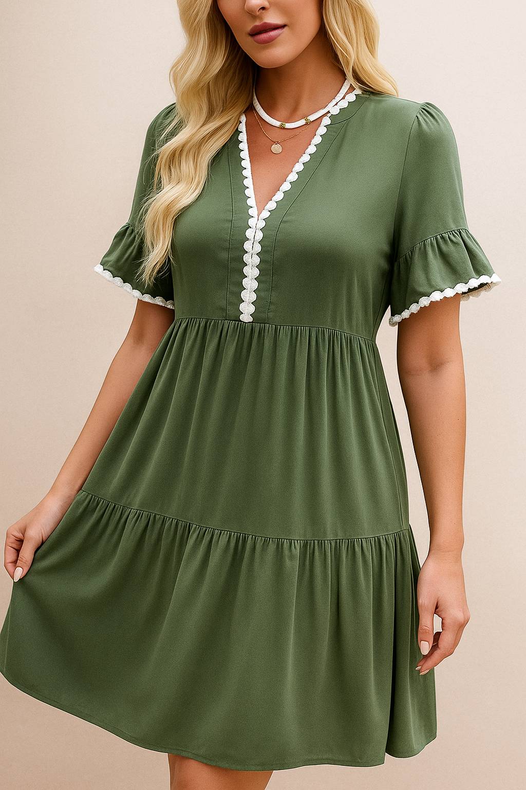 Olive green lace-trim mini dress with V-neckline, flounce sleeves and a softly fitted waist — front view
