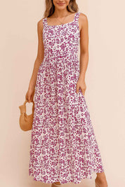 Pink-floral square-neck sleeveless maxi dress in lightweight woven fabric with soft, relaxed silhouette — front view
