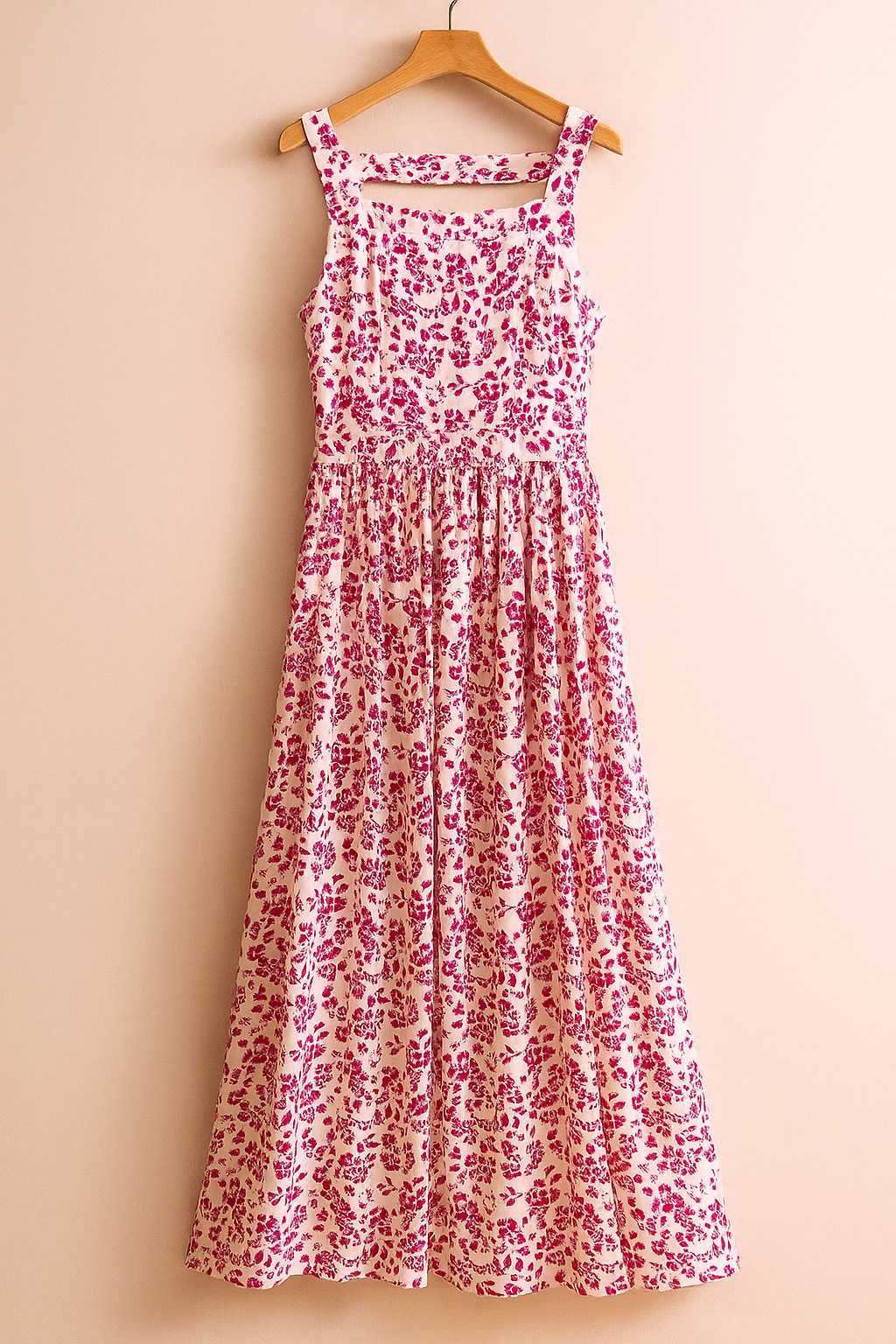 Pink-floral square-neck sleeveless maxi dress showing open back and full-length skirt — hanger back view
