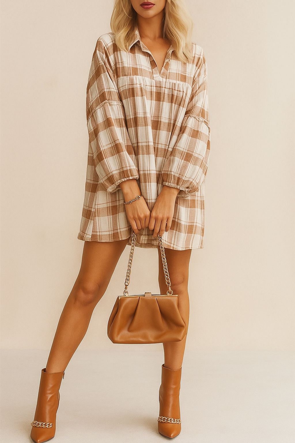Woman wearing a beige plaid mini shirt dress with balloon sleeves, styled with tan ankle boots and a chain-strap handbag – chic fall outfit
