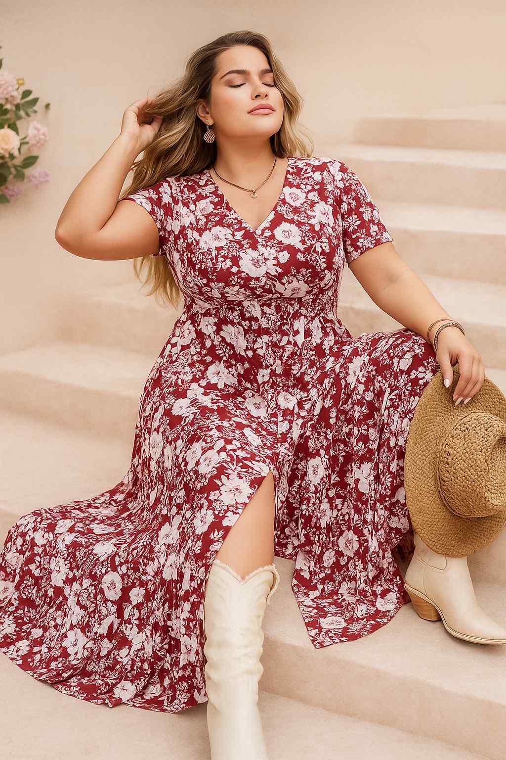 Confident woman in a red floral plus-size maxi dress with V-neck and side slit, sitting gracefully with white boots and holding a straw hat — boho cowgirl vibe.