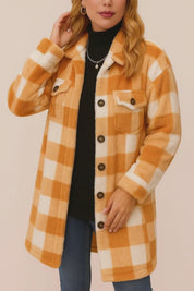Short lookbook video showing the camel-and-ivory buffalo-check button-front coat with shirt collar, flap chest pockets and patch pockets, from front and back views.