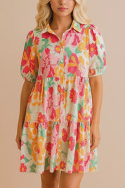 Floral button-down babydoll dress in strawberry multi with shirt collar, puff sleeves and tiered skirt — studio lookbook video