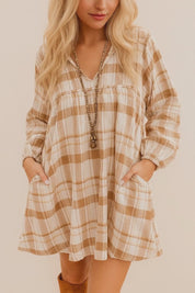 Camel plaid long-sleeve shirt dress with collared neck, elastic-cuff sleeves and side pockets — studio lookbook video