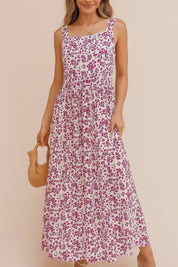 Pink-floral square-neck sleeveless maxi dress with gathered waist and flowing A-line skirt — studio lookbook video.