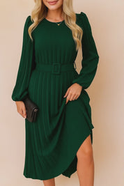 Dark-green belted pleated long-sleeve midi dress with crew neckline and matching buckle belt — studio lookbook video