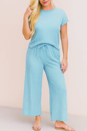 Ribbed Knit Round Neck Top and Pants Casual Set