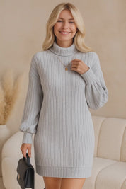 Light-gray ribbed turtleneck knit mini dress with dropped shoulders, long sleeves and straight hem — studio lookbook video