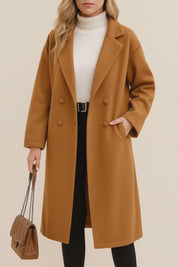 Short lookbook video showing the caramel tie-waist longline coat with notched lapel, double-breasted front, drop-shoulder sleeves and slant welt pockets from front and back views.