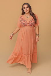 Plus-size coral embroidered V-neck frill maxi dress with empire waist and tiered frill hem — studio lookbook video.