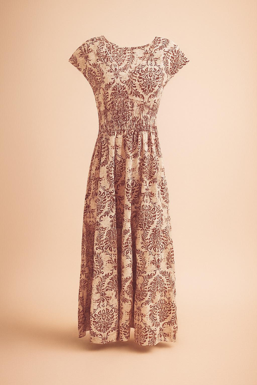 purple-boho-print-v-neck-cap-sleeve-smocked-bodice-maxi-dress-hanger-flatlay-front-view