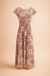 purple-boho-print-v-neck-cap-sleeve-smocked-bodice-maxi-dress-hanger-flatlay-front-view