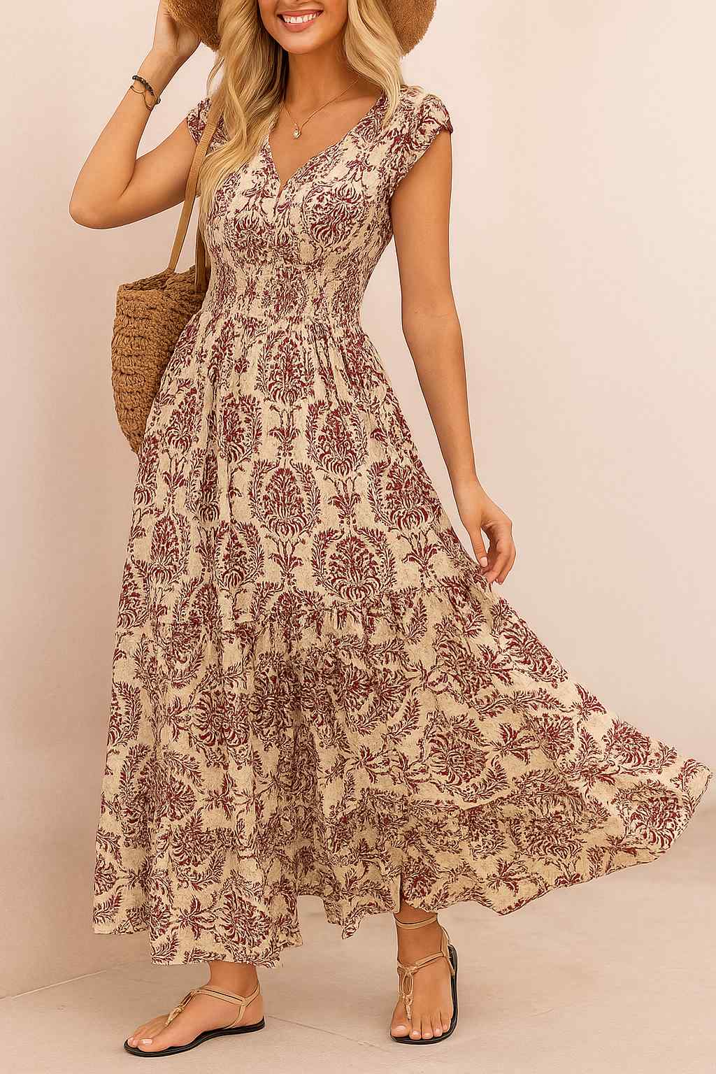 Purple boho-print V-neck cap-sleeve maxi dress with smocked bodice and tiered skirt — front three-quarter view