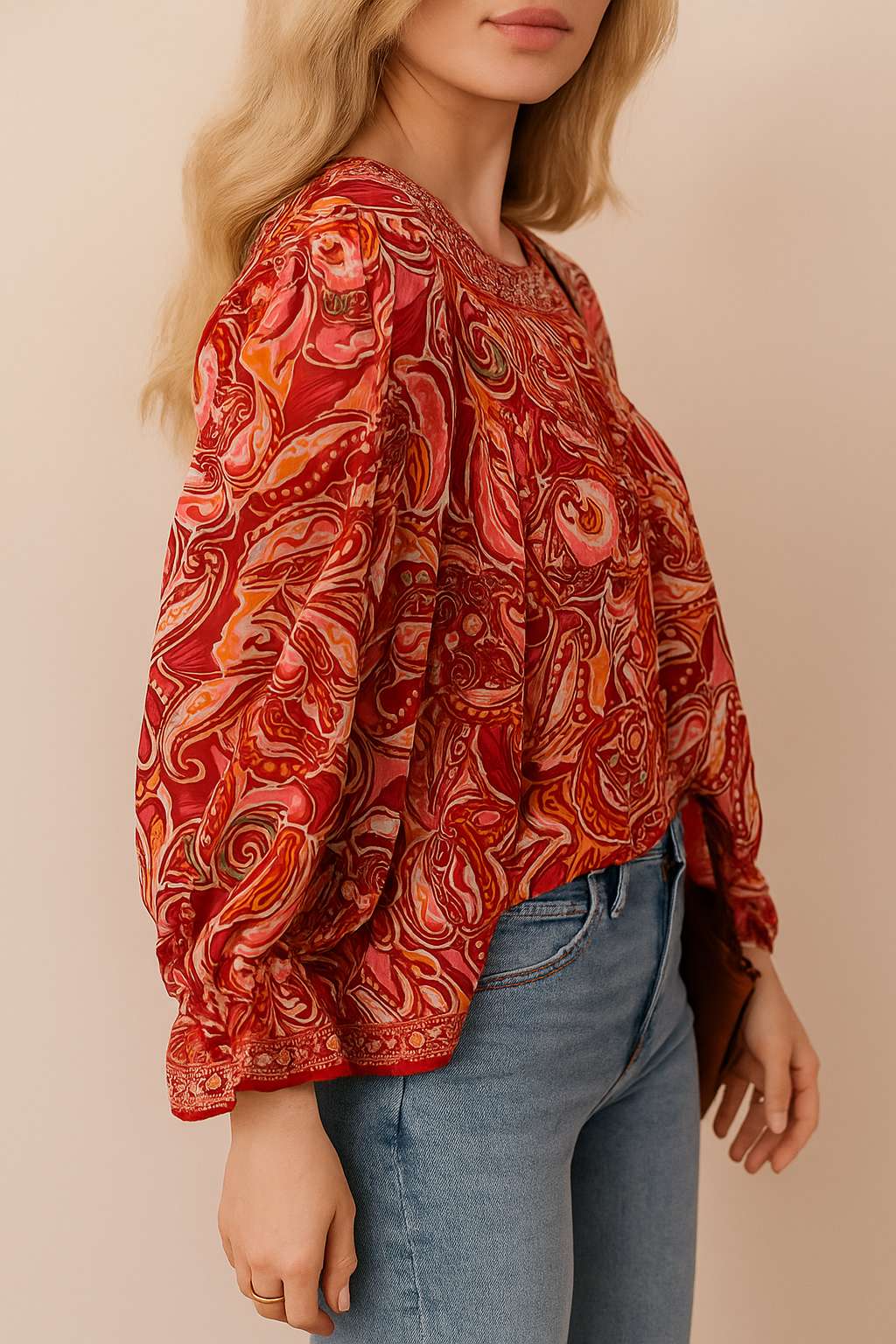 Left three-quarter view of the red-multi paisley tassel-tie blouse showing the gathered neckline, billowy sleeve and elastic cuff