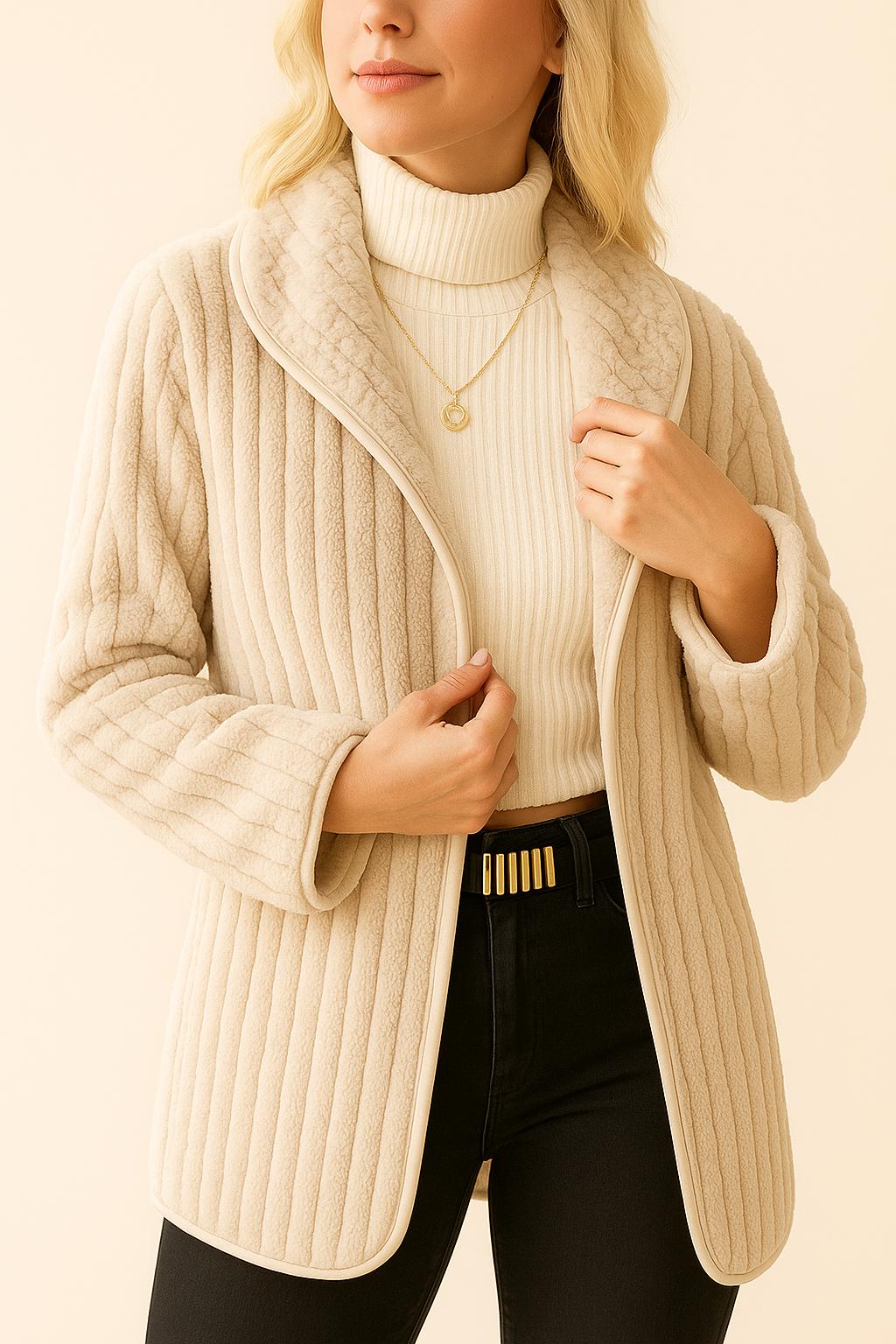 Woman wearing a beige ribbed sweater over a white turtleneck with black pants on a beige background