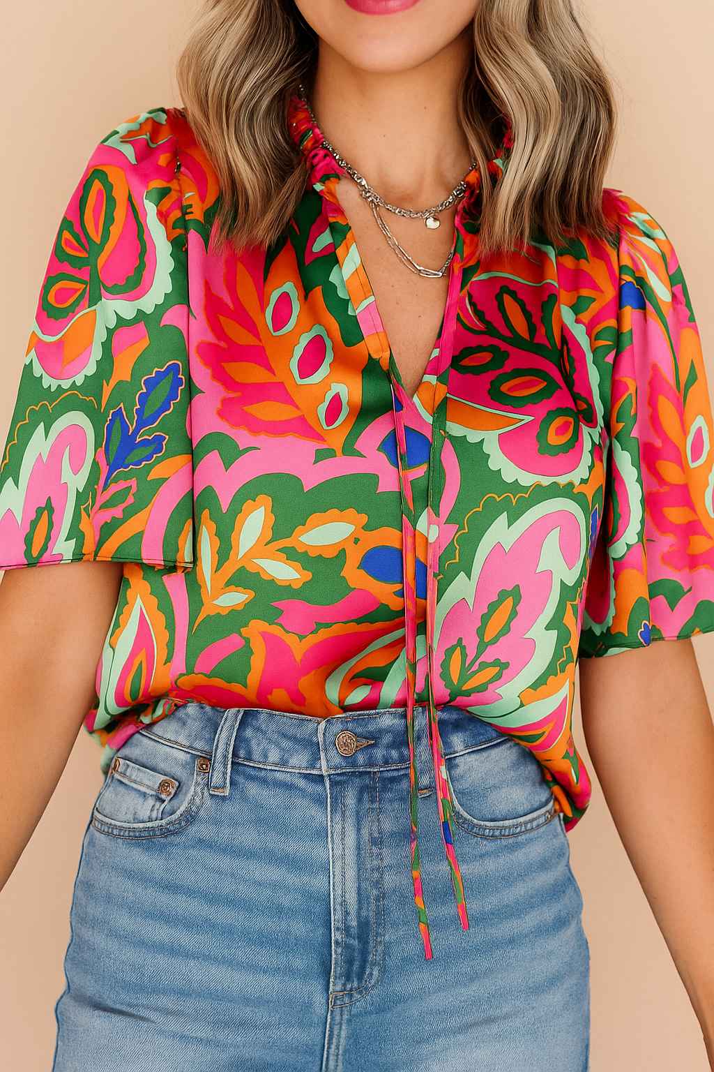 Front view of the rose-multi tropical print tie-neck blouse with short sleeves and relaxed, easy fit