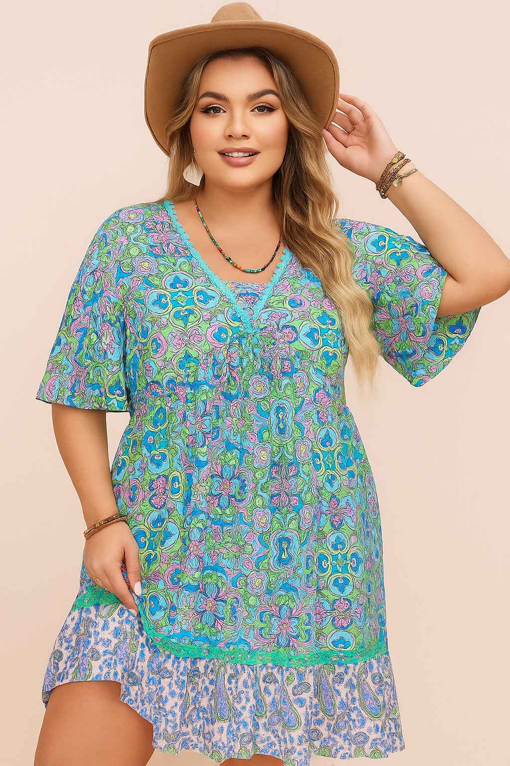 Plus-size sky-blue boho-print dress with lace-trim V-neck and gathered bodice, relaxed drape — front view.