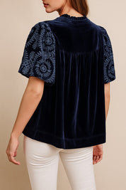 Velvet Blouse with Embroidered Puff Sleeves – Navy