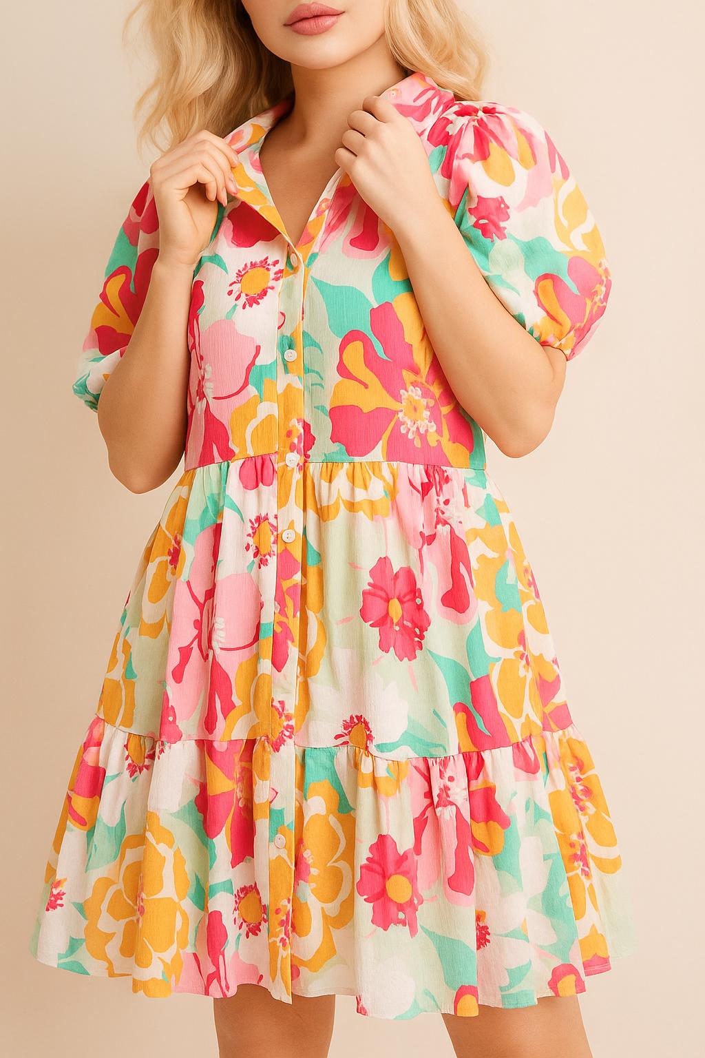 Floral button-down babydoll dress in strawberry multi with shirt collar, puff sleeves and tiered mini skirt — front view, collar touch