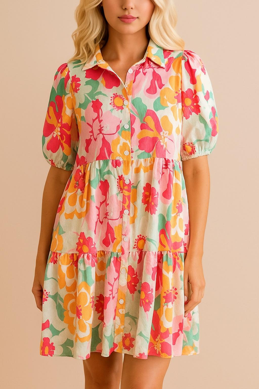 Floral button-down babydoll dress in strawberry multi with shirt collar, puff sleeves and tiered mini skirt — front view