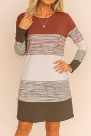 Elegant women's striped patchwork mini dress in brown, ivory, and gray hues with long sleeves – ideal for casual fall looks
