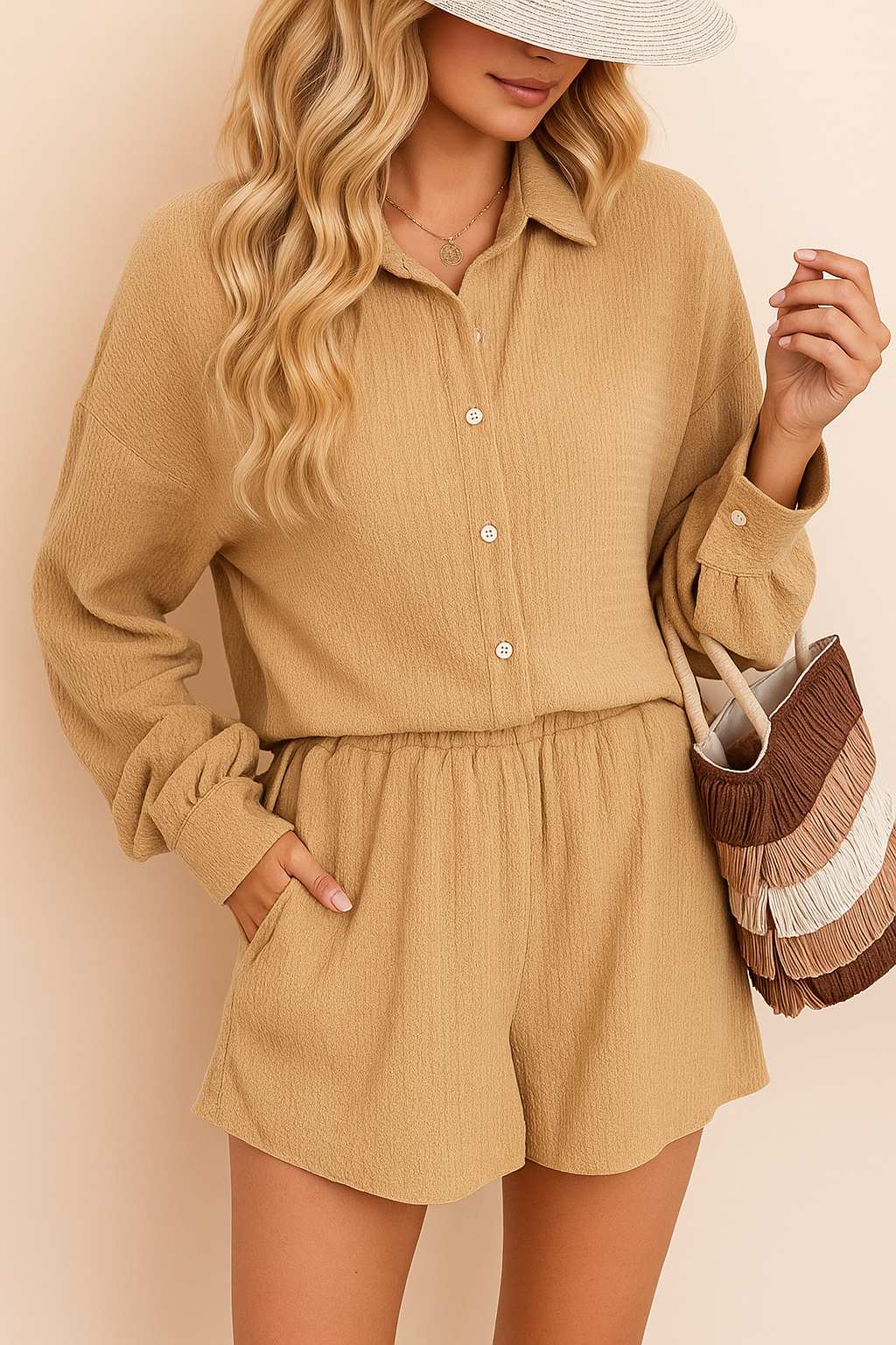 Front view of the tan crinkle shirt & shorts set with the shirt buttoned, drop-shoulder sleeves and pocket entry on the shorts