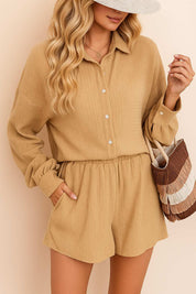 Front view of the tan crinkle shirt & shorts set with the shirt buttoned, drop-shoulder sleeves and pocket entry on the shorts