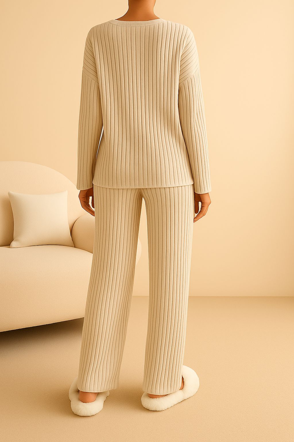 an ribbed knit lounge set with clean back and vertical rib texture, straight-leg pants — back view (sofa scene).