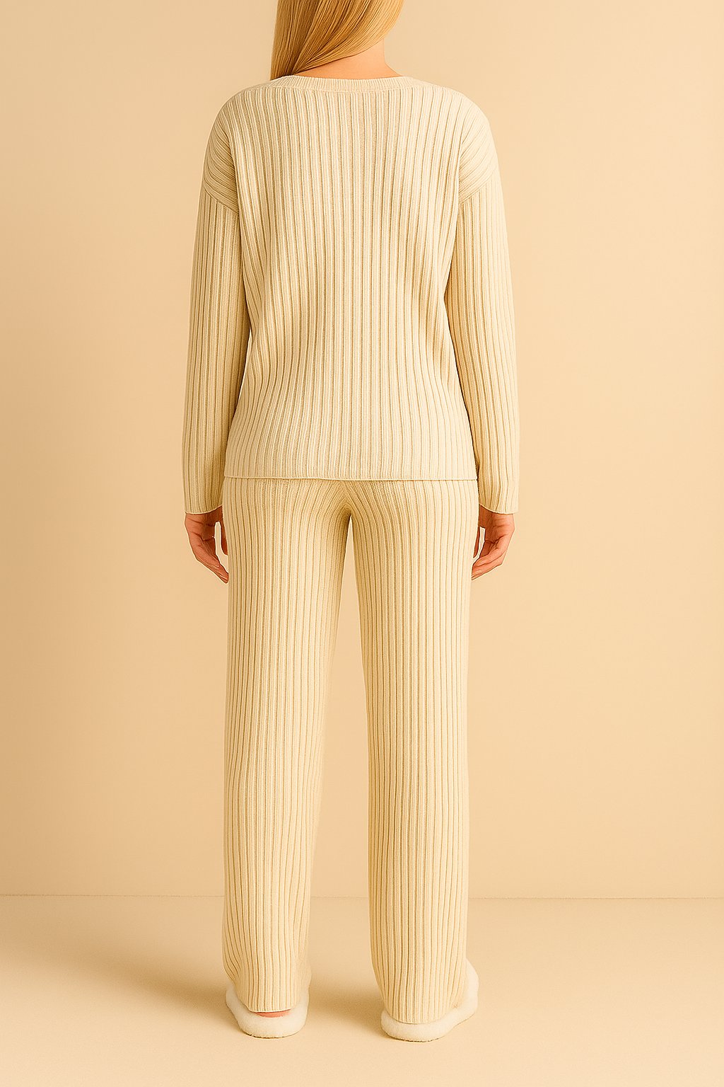 Tan ribbed knit lounge set with long-sleeve sweater and straight-leg pants, clean back panel and straight hem — back view