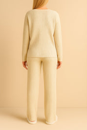 Tan ribbed knit lounge set with long-sleeve sweater and straight-leg pants, clean back panel and straight hem — back view