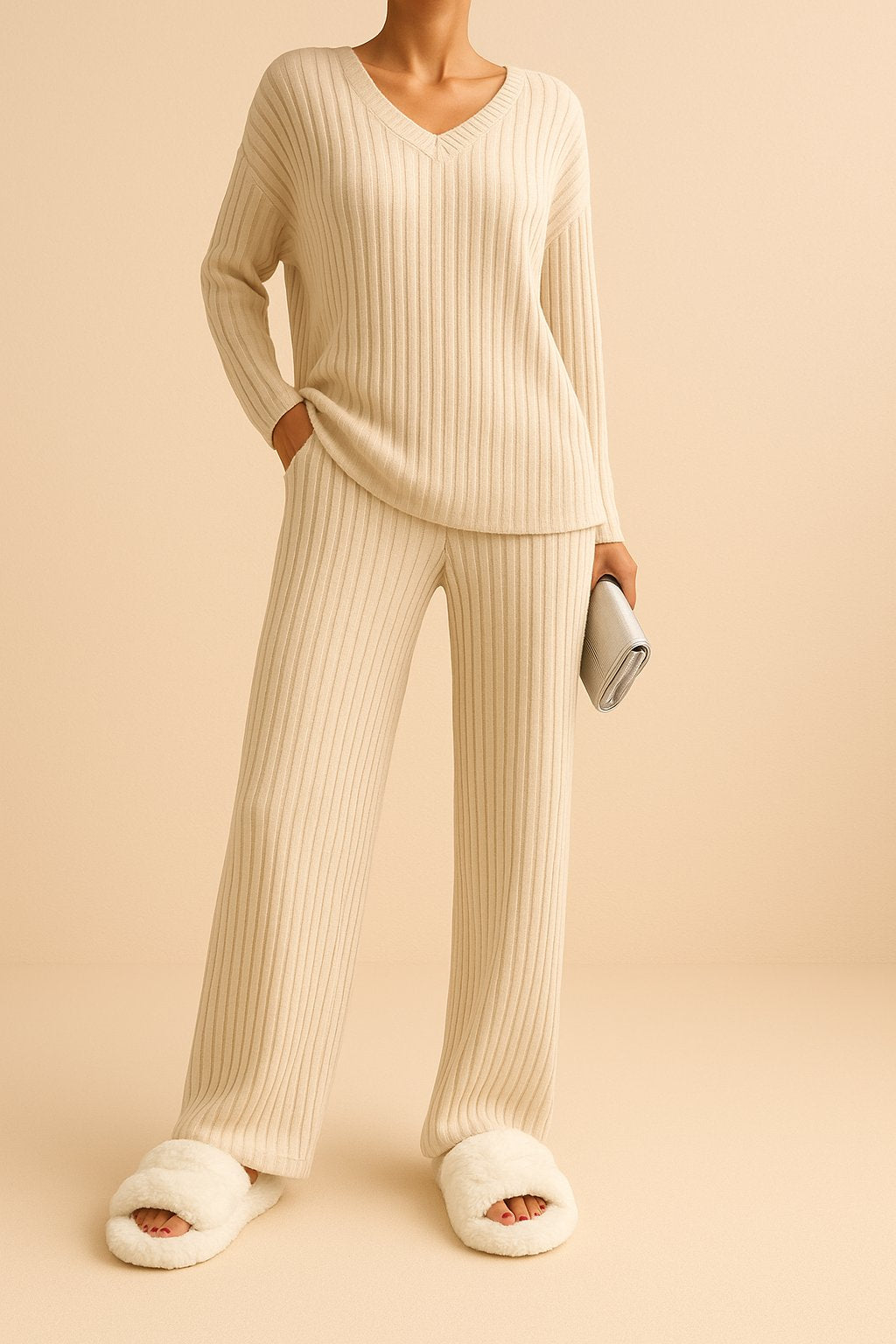 Tan ribbed knit V-neck lounge set with long-sleeve sweater and elastic-waist pants, relaxed full-length styling — front view