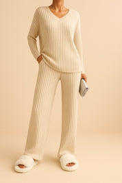 Tan ribbed knit V-neck lounge set with long-sleeve sweater and elastic-waist pants, relaxed full-length styling — front view