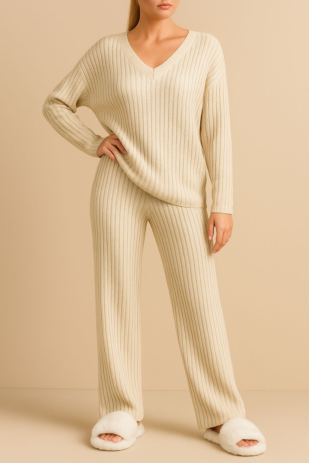 Tan ribbed knit V-neck lounge set with easy soft drape and relaxed straight-leg silhouette — front view