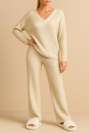 Tan ribbed knit V-neck lounge set with easy soft drape and relaxed straight-leg silhouette — front view