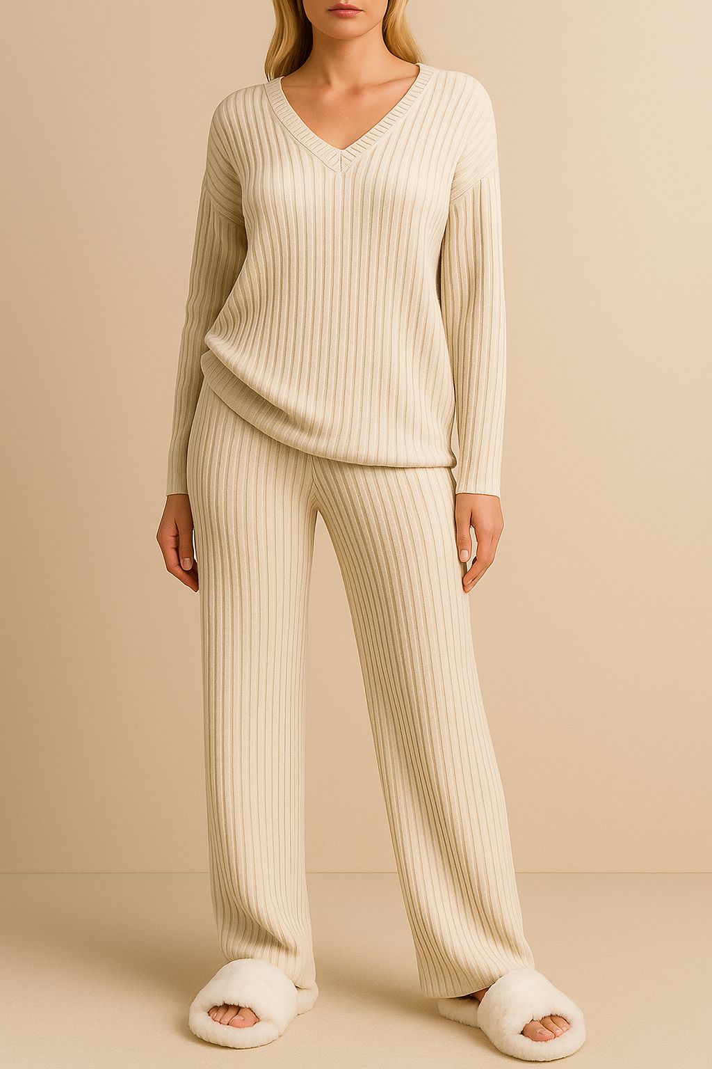 Tan ribbed knit V-neck lounge set with long-sleeve sweater and elastic-waist straight-leg pants — centered front view.