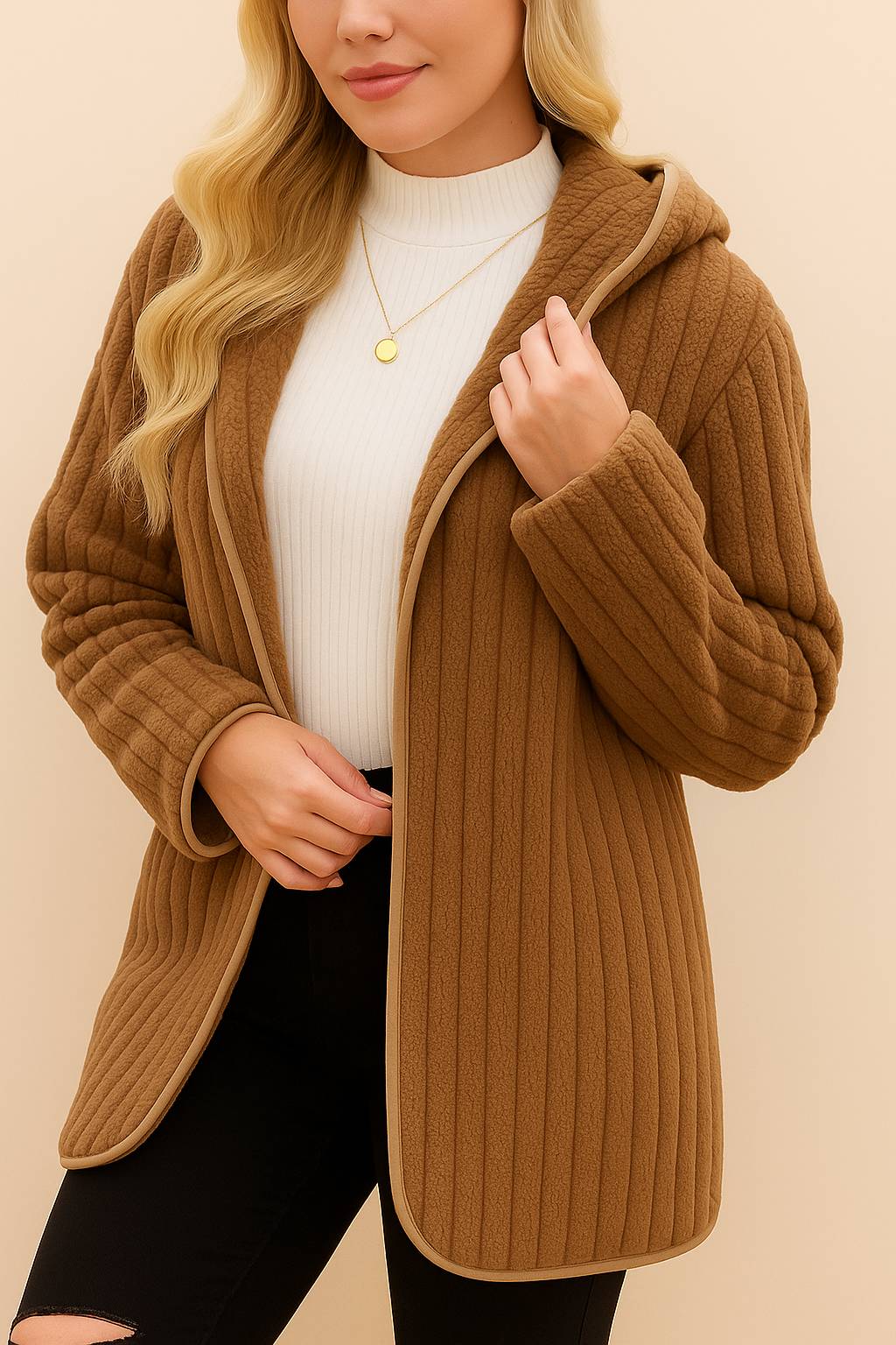 Back detail view of the taupe ribbed hooded coat showing hood shape and channel ribs