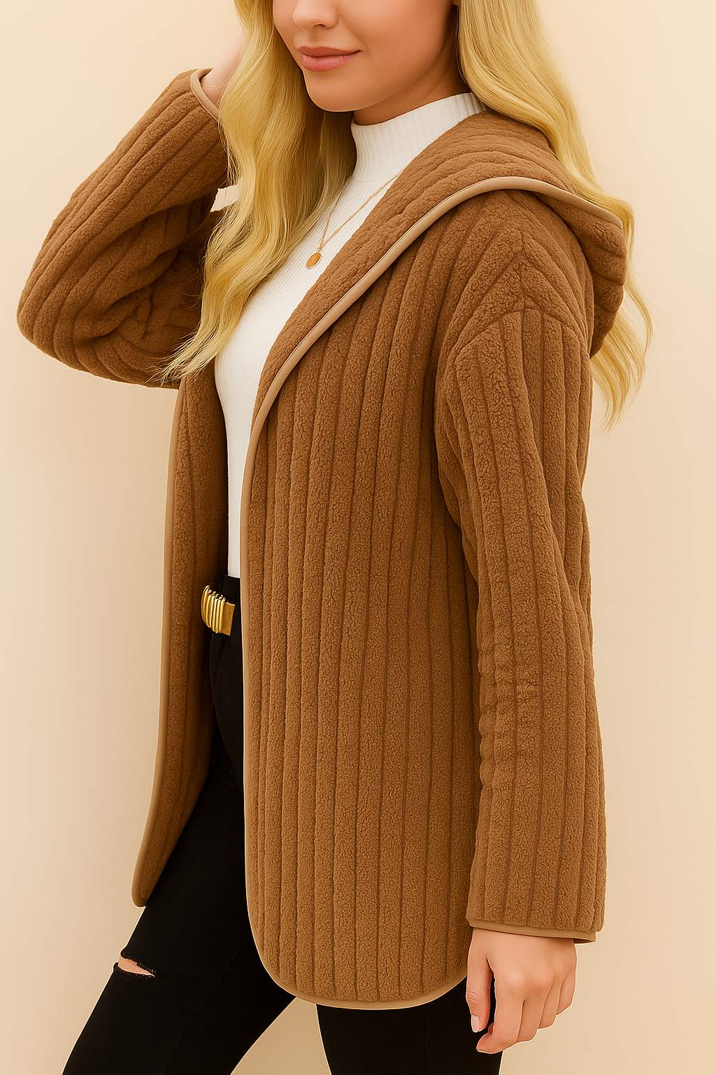 Alternate front view of the taupe open-front ribbed hooded coat with long sleeves.