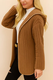 Alternate front view of the taupe open-front ribbed hooded coat with long sleeves.