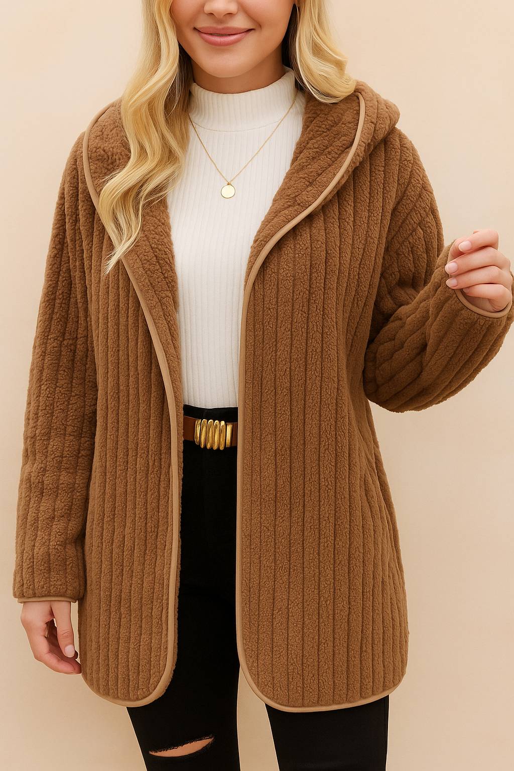 Front view of an open-front ribbed hooded coat in taupe with long sleeves and rounded hem.