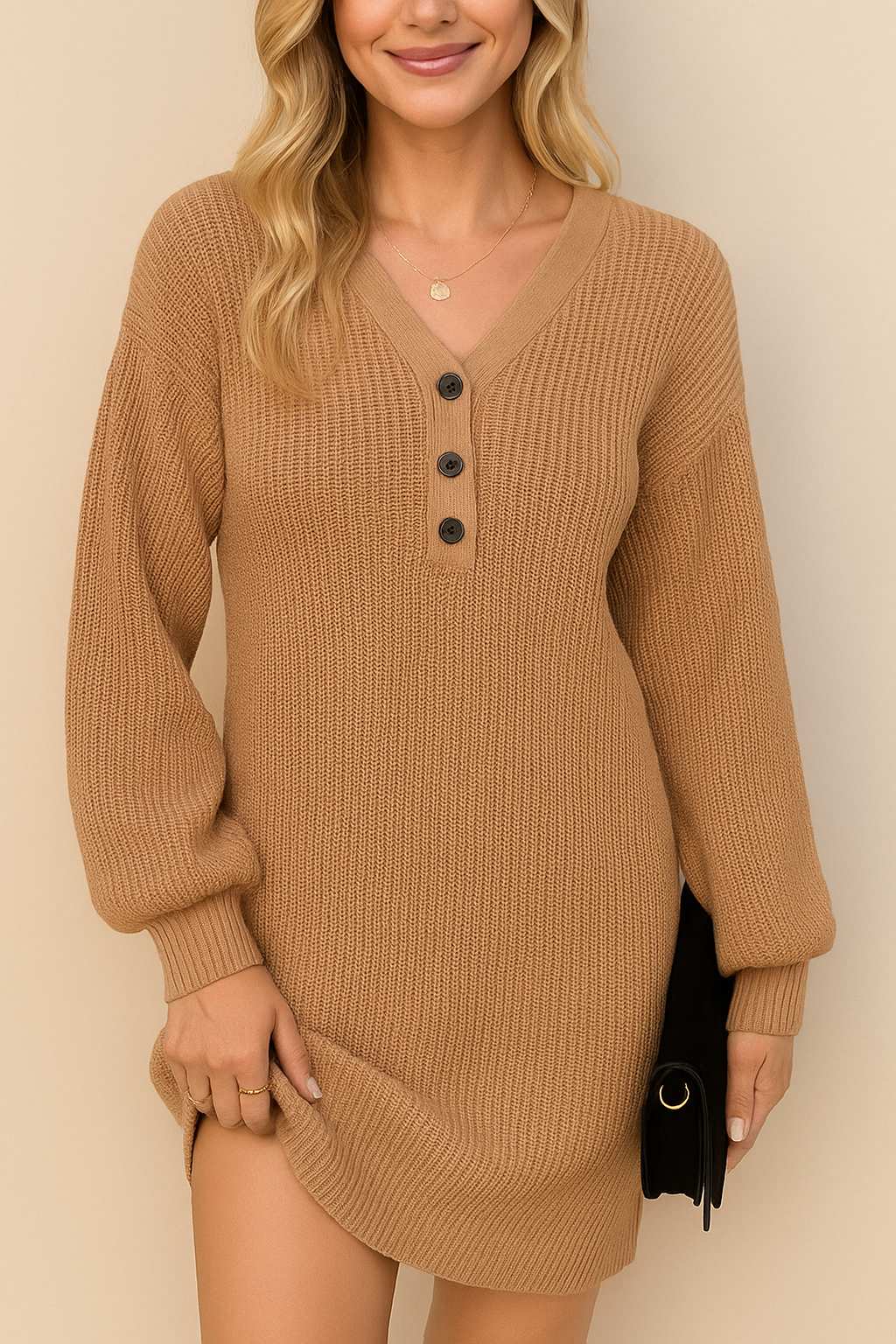 Front view of a women’s henley sweater dress featuring a V-neck with three buttons, long balloon sleeves, ribbed cuffs and hem, and a comfortable straight fit for everyday wear.
