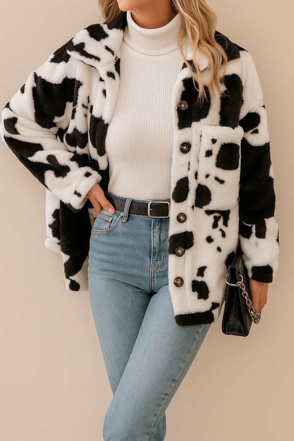 Front three-quarter view of the white and black cow-print fuzzy button-up jacket; shirt collar, button placket and patch pockets visible.